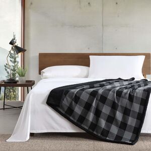 Eddie Bauer Throw Blanket Soft & Plush Black Sherpa with Black and Gray Plaid